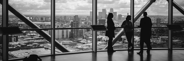 three people overlooking a city from a skydeck